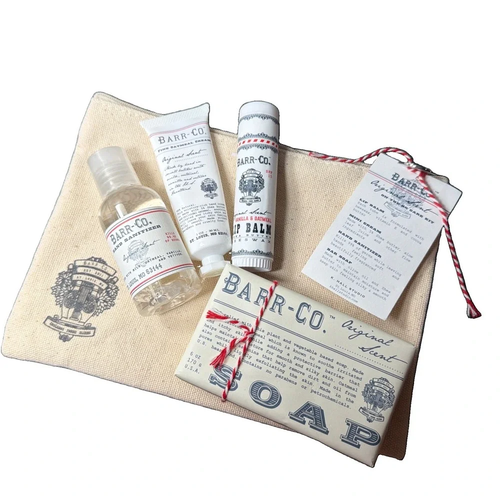 Barr-Co Lip Balm Hand Sanitizer Soap Hand Cream Travel Gift Set With Bag